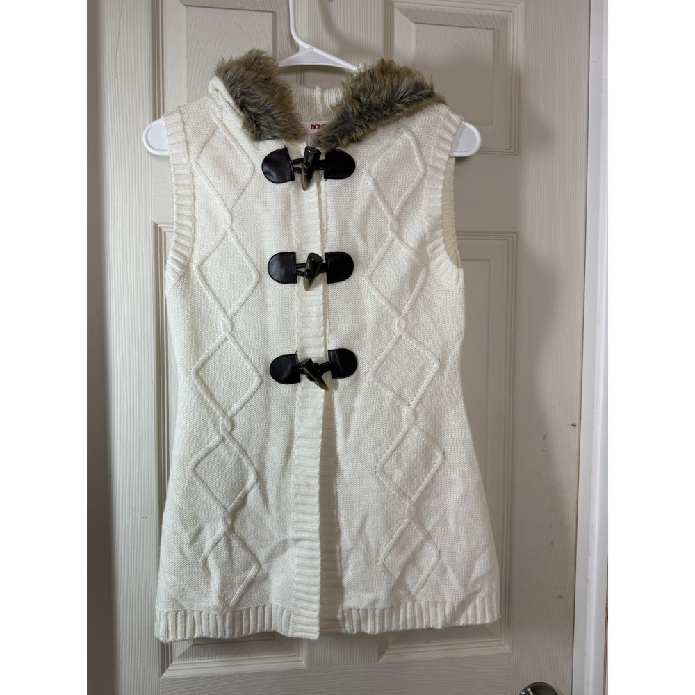 Bongo Cable Knit Toggle Sweater Vest Faux Fur Hood Long Cardigan Cream Womens M